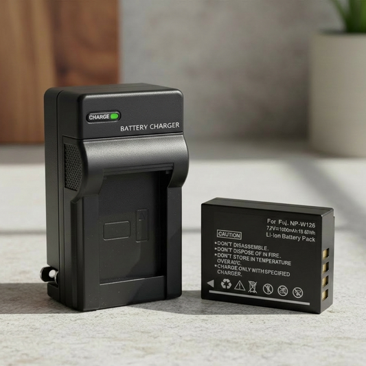 Battery charger and battery on a marble surface with a blurred background