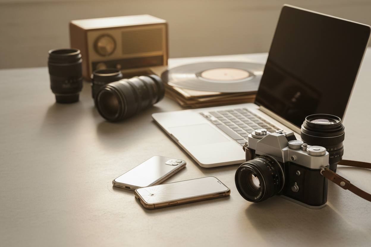 generate a good background image for landing page first viewport to be filled in, it should contain different kind of second hand items such as cameras laptops lenses and phones