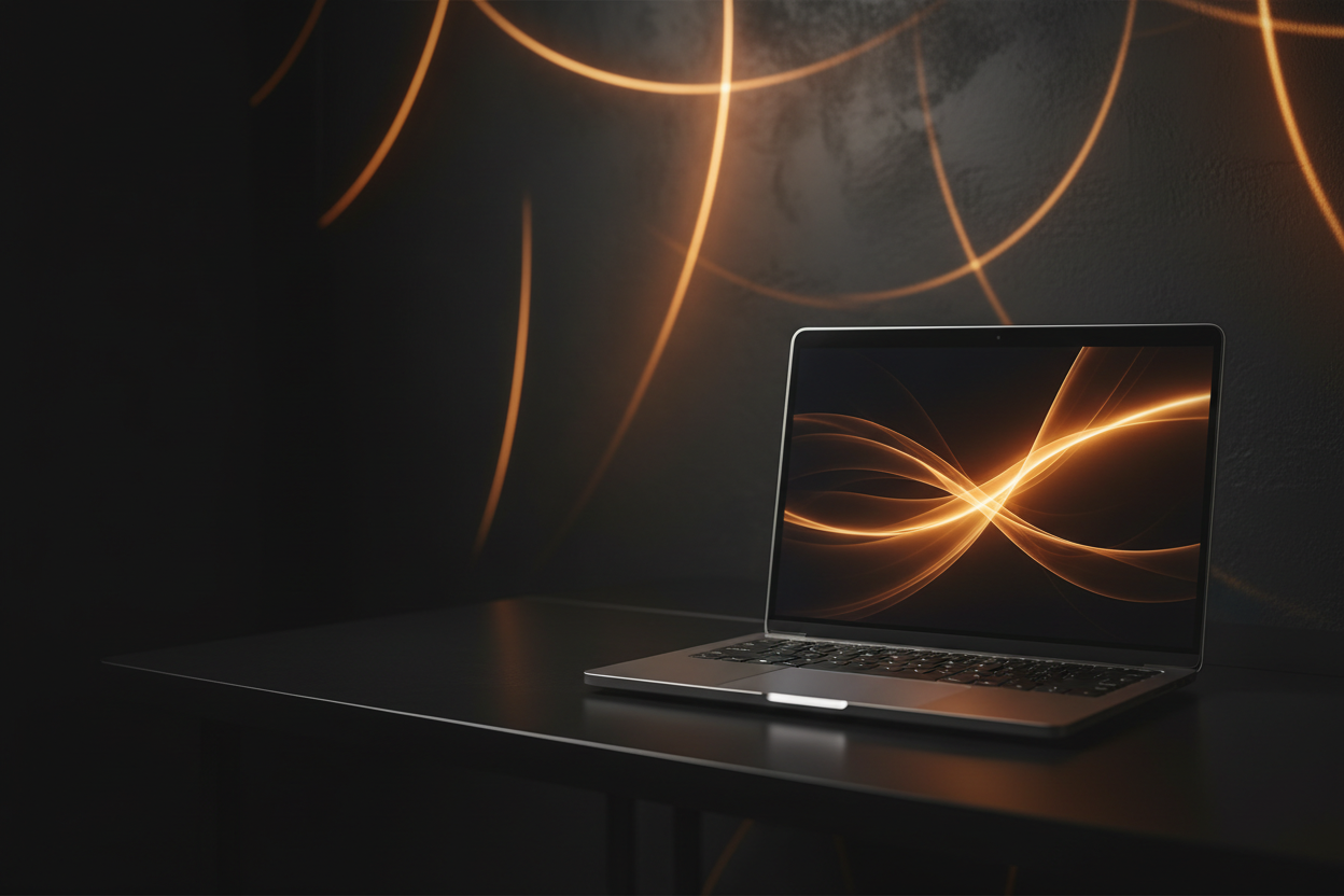 Generate  high quality dark themed warm background image of Second hand leptop but with no damage , it should be full viewport desktop image for my website landing page