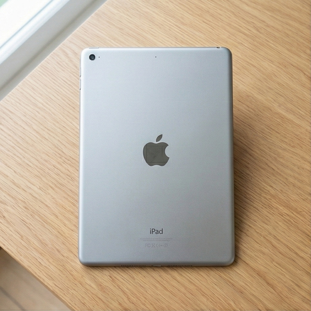 Back view of an iPad on a wooden surface