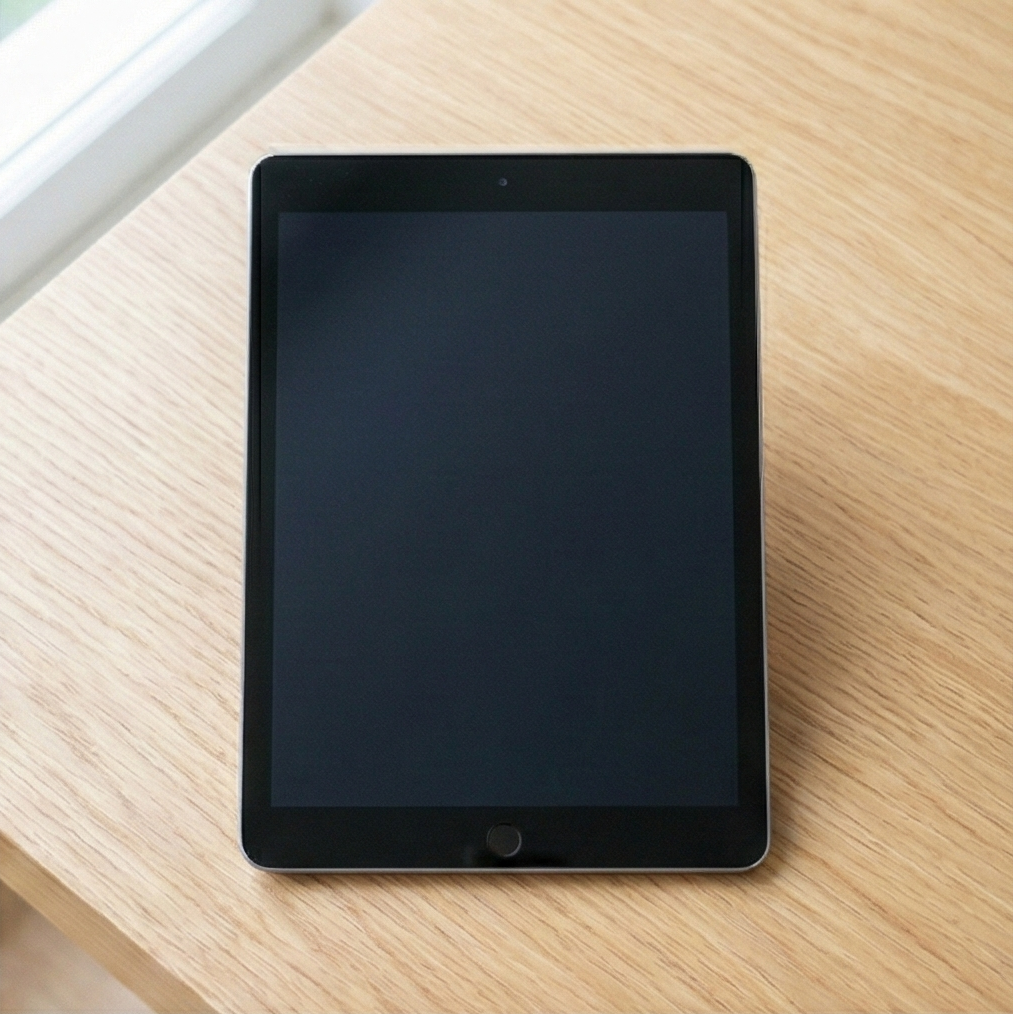 Black tablet on a wooden surface